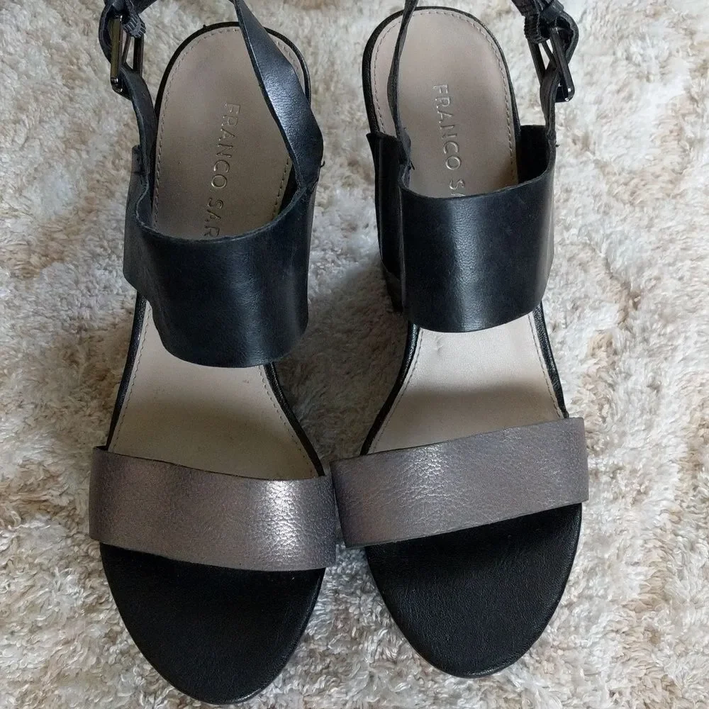 Franco Sarto Silver and Black Leather Platform Sandals